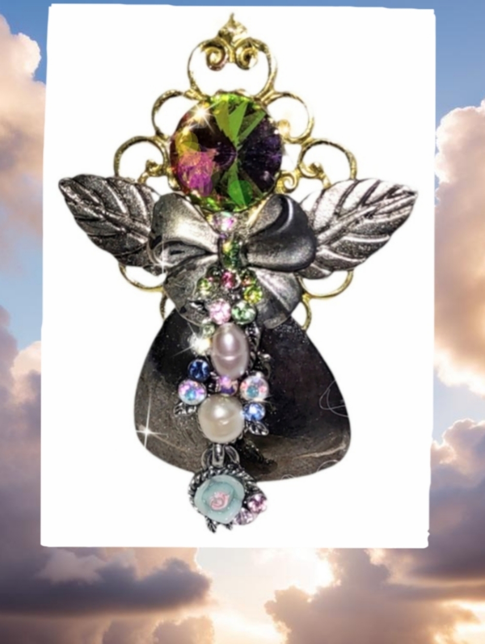 Angel Brooch Green AB Rivoli, Stainless Steel & Porcelain Flower Upcycled Design